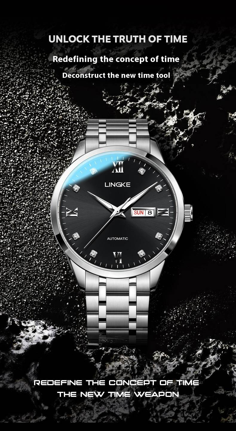 Montre mécanique automatique pour homme avec double calendrier, boîtier et bracelet en acier inoxydable, aiguilles lumineuses, étanche, style business minimaliste_voghion.com
