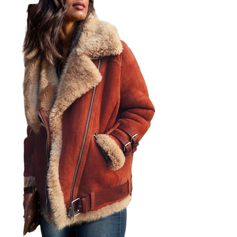 Women's Faux Suede Fleece Lined Jacket With Turn-Down Collar - Winter Coats For Women, Oversized Long Sleeve Outerwear In Black/Brick Red/Gray_voghion.com
