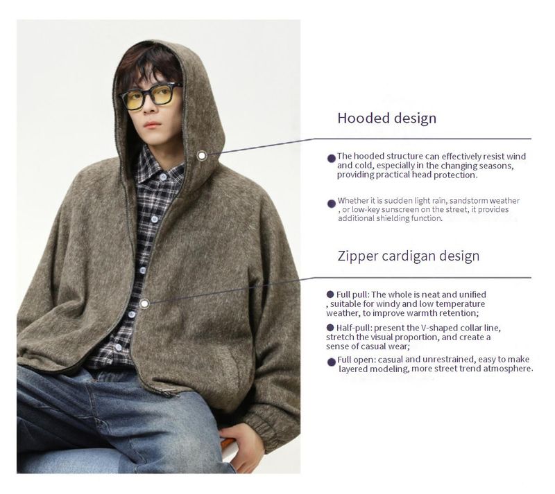 Giacca oversize con cappuccio in misto mohair – Streetwear vintage unisex (cachi/carbone, cardigan corto pesante)_voghion.com