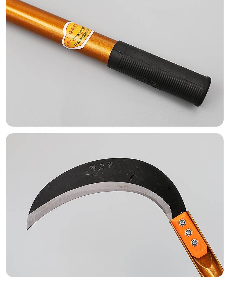 Falcetto per erba a mezzaluna a 4 rivetti Laodaohe – Strumento forgiato a mano per diserbo e raccolta per fattoria, giardino e prato (lama curva compatta)_voghion.com