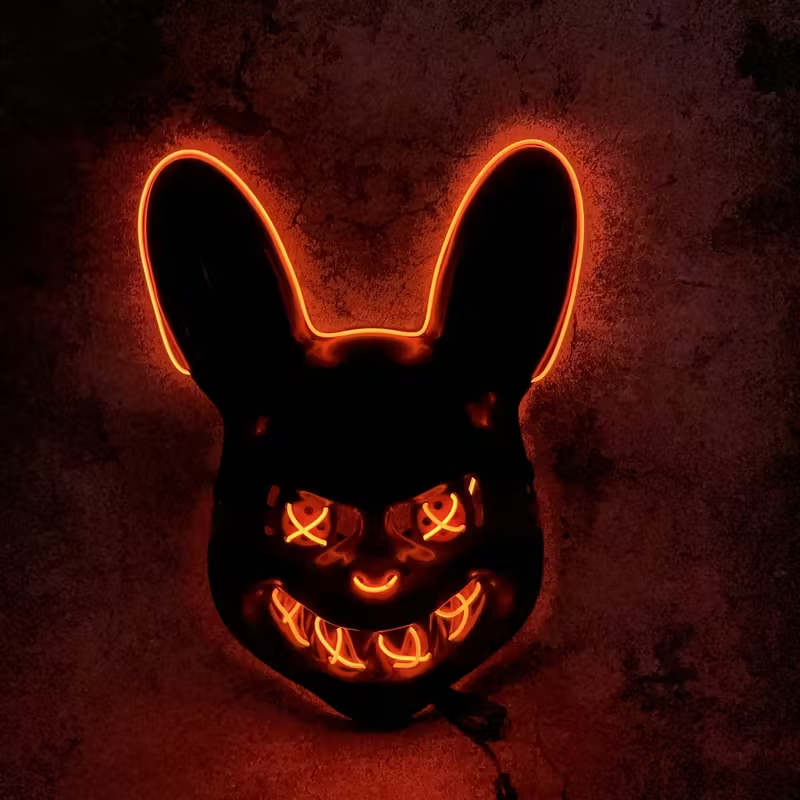 Glowing Rabbit & Bear Black Mask - Spooky Halloween & Easter Carnival Costume Accessory, Battery-Operated (AA) PP Material, Ideal For Scary Dress-Up_voghion.com
