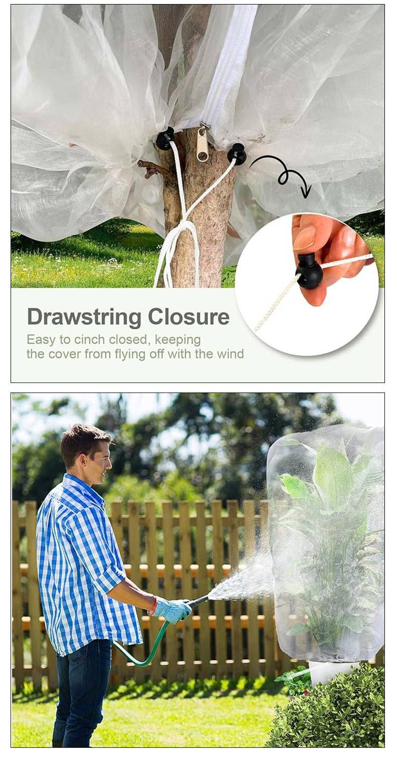 Breathable PE Plant Protection Net – White Drawstring & Locking Clip Covers For Garden Vegetables, Fruit Trees (0.8x0.8m To 1x1.2m)_voghion.com