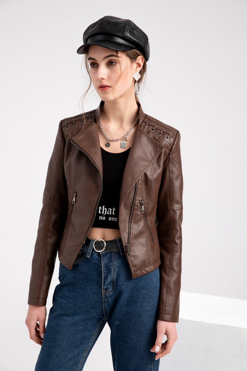 Dammode Läderjacka med snörning Slim Fit Vår Höst Motorcykel Zipper Jacka_voghion.com