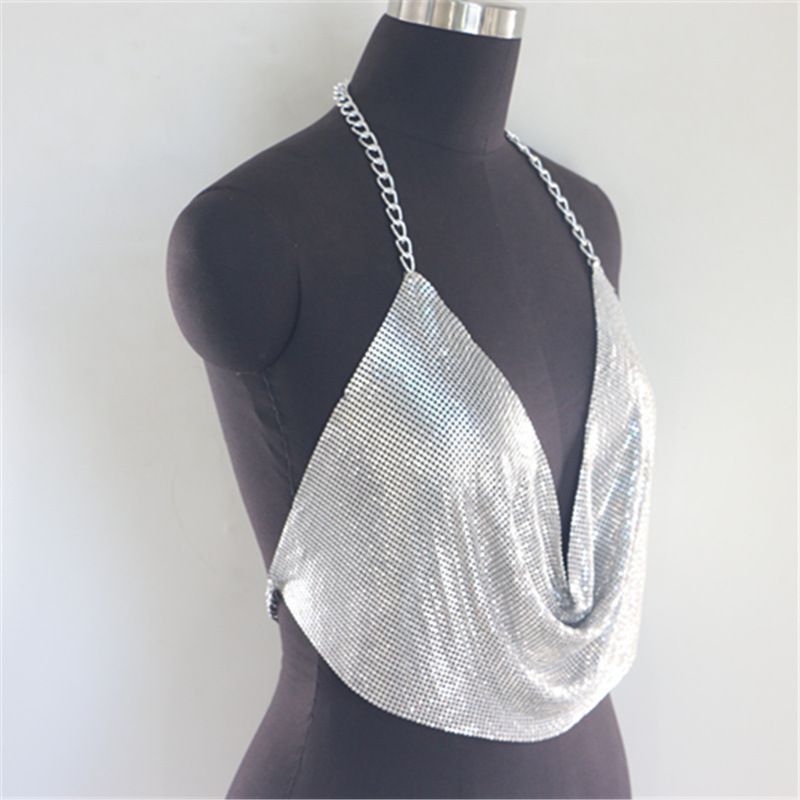 Gilet con paillettes e diamanti in stile discoteca sexy con catena in metallo, scollo a V e scollo all'americana_voghion.com