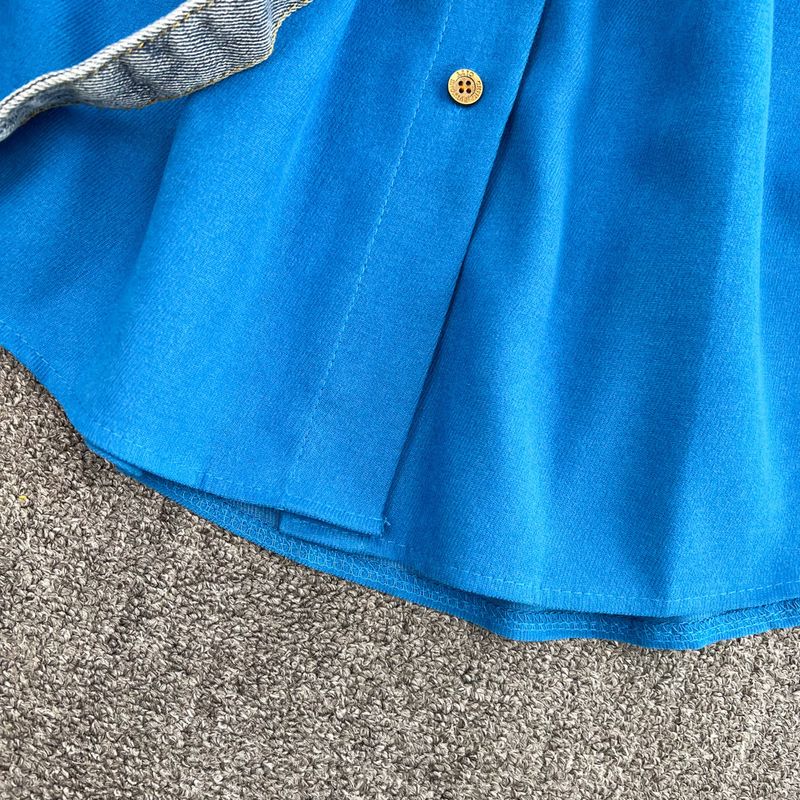 Women's Clothing autumn and winter new retro Hong Kong style temperament single breasted shirt skirt single breasted denim splicing A line dress_voghion.com