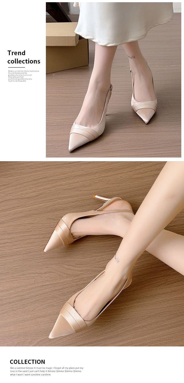 Sandalias Baotou de tacón fino para mujer, punta puntiaguda, estilo francés, satén, albaricoque, hebilla de una palabra con sandalias versátiles para mujer_voghion.com