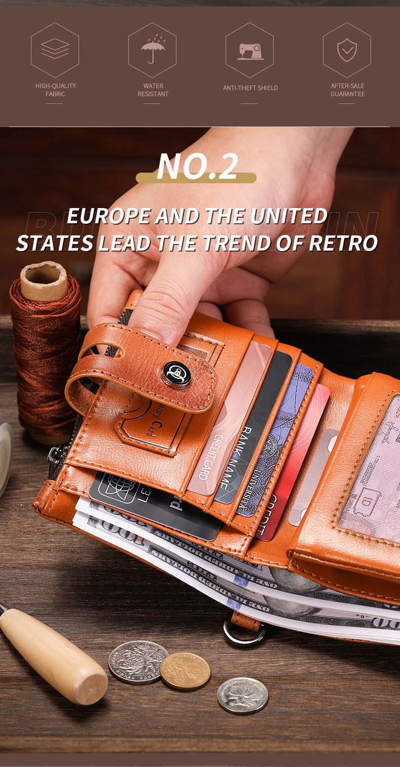 BULLCAPTAIN zipper tower buckle genuine leather men's wallet vertical multi card slots first layer cowhide wallet_voghion.com