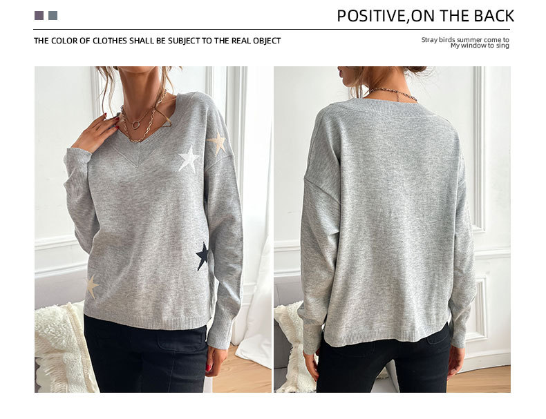 Grauer Pullover mit V-Ausschnitt und fünfzackigem Stern_voghion.com