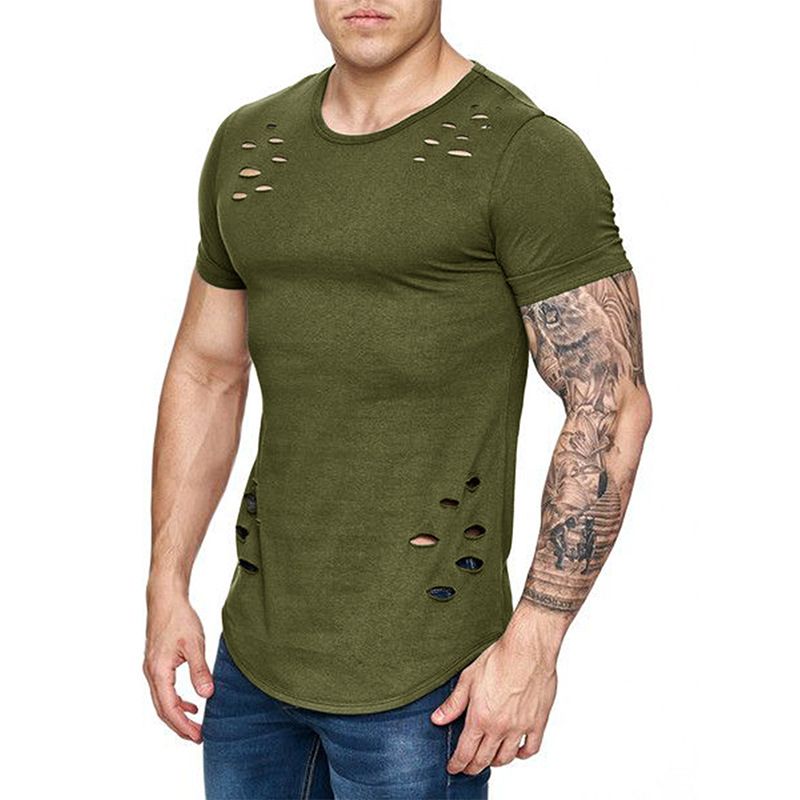 Herrenbekleidung Top Herren Slim Solid Color T-Shirt mit Rundhalsausschnitt, zerrissenes Kurzarm-T-Shirt für Herren_voghion.com