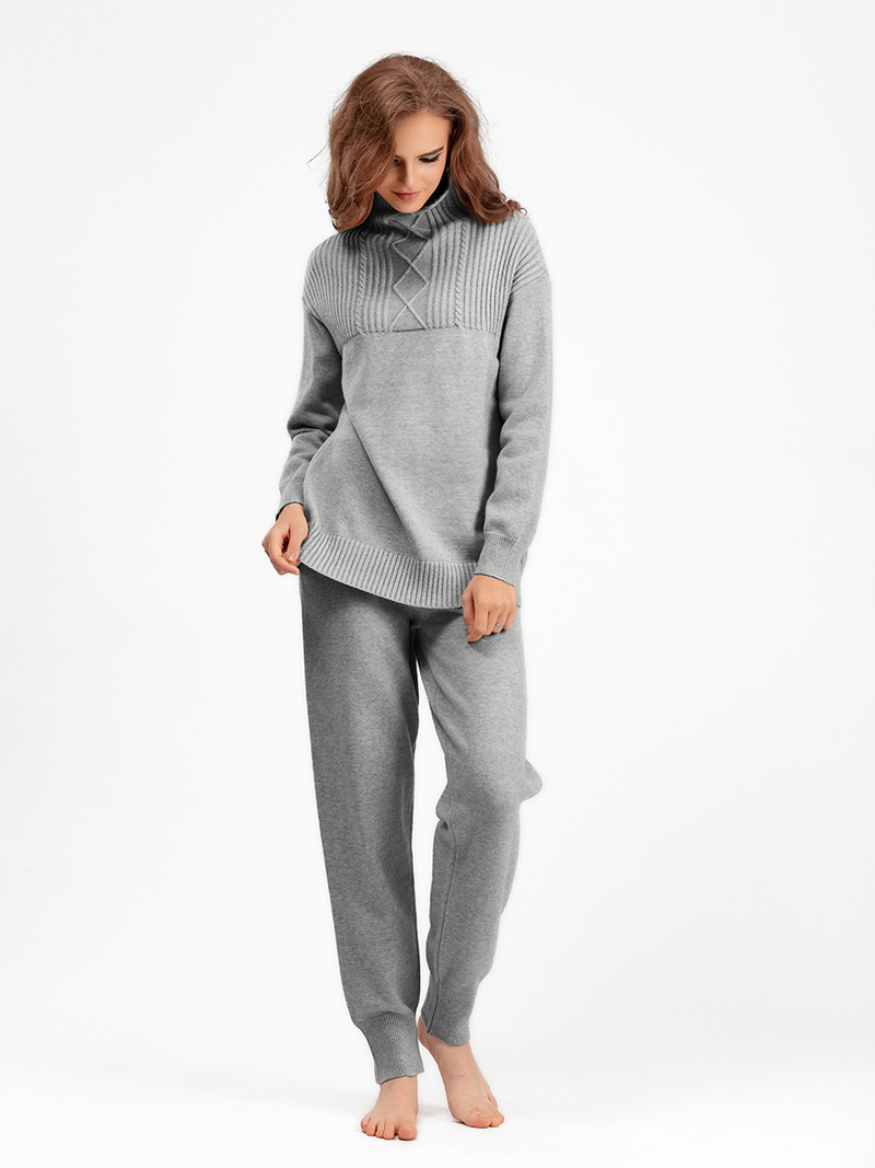 Ensemble de pantalons tricotés doux et polyvalents pour femmes, col mi-haut, pull ample décontracté, vent doux_voghion.com