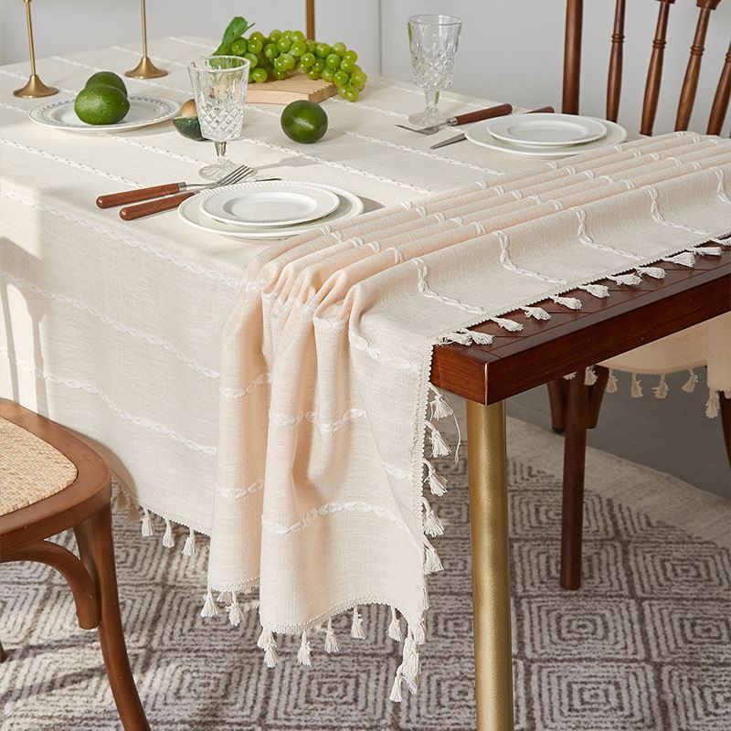 Nappe à franges marron - Style rustique de ferme avec mélange lin-coton (housse de table rectangulaire 60" x 90" lavable, résistante aux taches de café/thé)_voghion.com