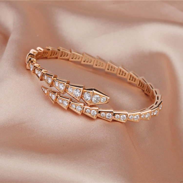 Inel de lux de designer, oțel, titan, diamant complet, oase de șarpe, brățară elastică de șarpe, brățară deschisă în formă de șarpe mic, ușor de lux_voghion.com