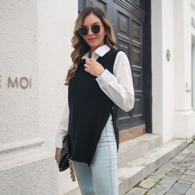 Damen-Weste mit seitlichem Reißverschluss und Schlitz, V-Ausschnitt, Strickpullover, zerlumpte Weste für Damen_voghion.com