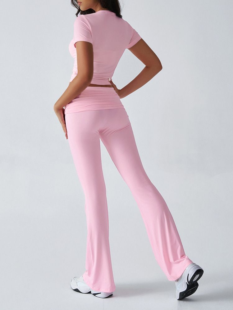 Women's Clothing Casual Solid Color Slim Short Sleeved Long Pants Suit_voghion.com