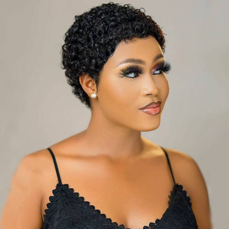 Short Afro Kinky Curly Wigs For Black Women Human Hair Wig Pixie Cut Wig Natural Black Color 100% Brazilian Virgin Hair Short Human Hair Curly Wigs_voghion.com