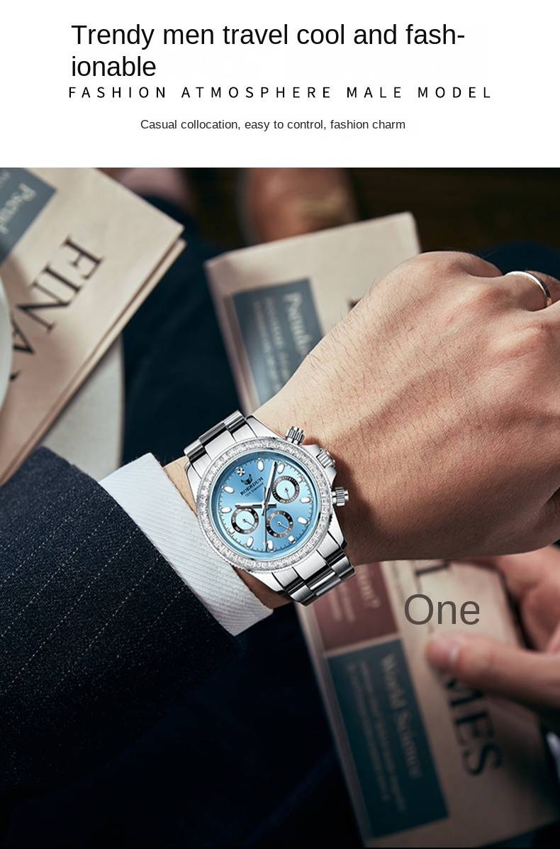 ROERDUM Blue Heart Ice Series - Mechanische Tri-Chronographenuhr für Herren - Edelstahlarmband, eisblaues Zifferblatt, wasserdicht, luxuriöser minimalistischer Stil_voghion.com