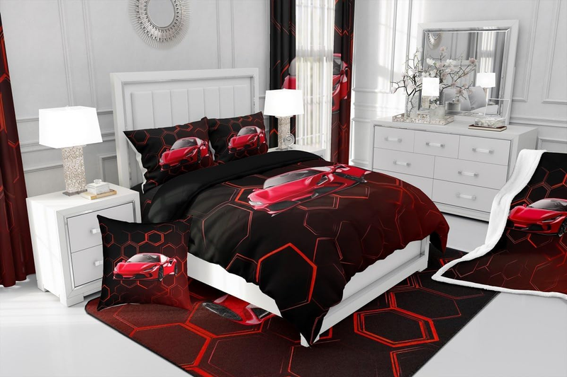 Red Race Car Duvet Cover Set Double Size For Kids Boys Teens Bedroom Geometric Honeycomb Bedding Set Hexagonal Speed Sports Car Comforter Cover With_voghion.com