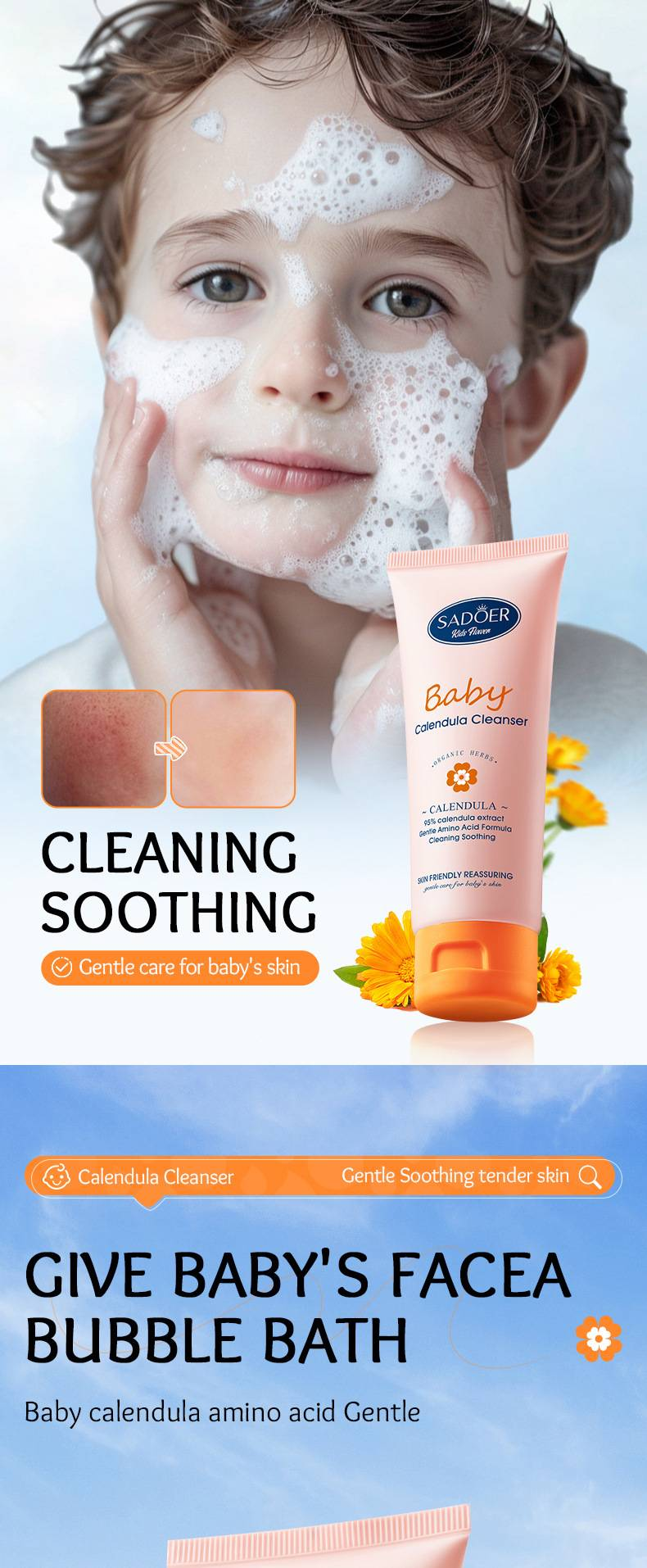 SADOER Kinder Calendula Aminosäure Sanftes, beruhigendes Reinigungsmittel Sichere und beruhigende Hautpflege für Kinder_voghion.com