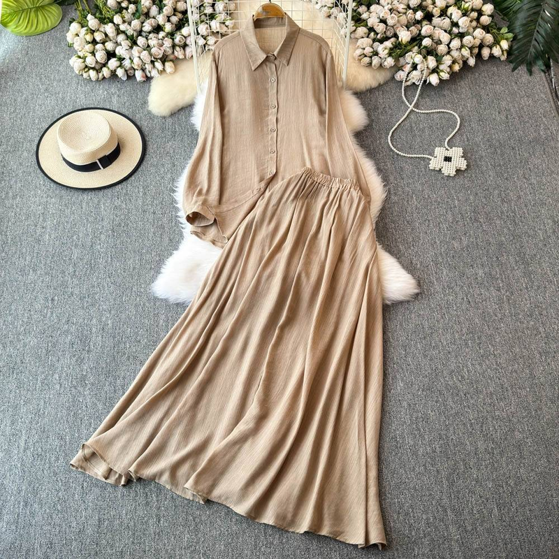 Elegant Women's Casual Two-Piece Set Loose Long Sleeve Blouse With High Waist Slimming Midi Skirt_voghion.com