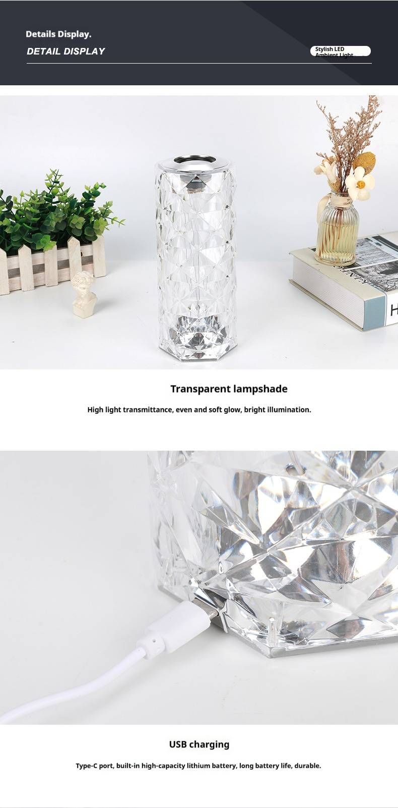 Lampe de table Bluetooth en cristal rose avec haut-parleur – Veilleuse LED créative pour chambre, karaoké et décoration intérieure, éclairage d'ambiance tactile (9,5 x 9,5 x 23 cm)_voghion.com