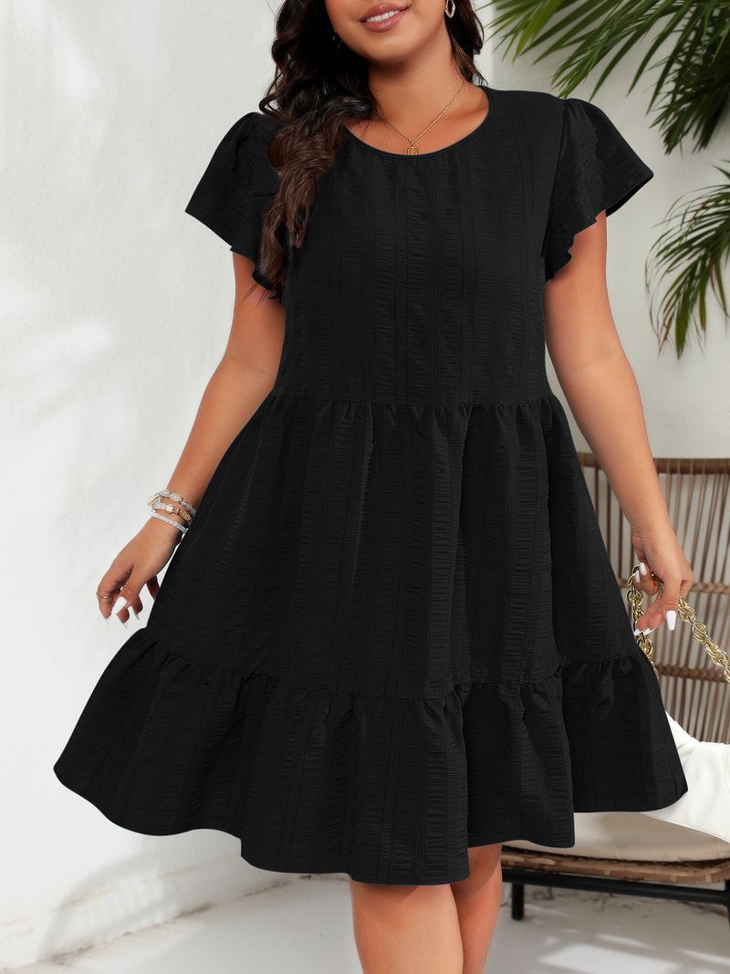 Women's Clothing Large Size Round Neck Lotus Leaf Sleeve Waist Holiday Leisure Temperament Dress_voghion.com