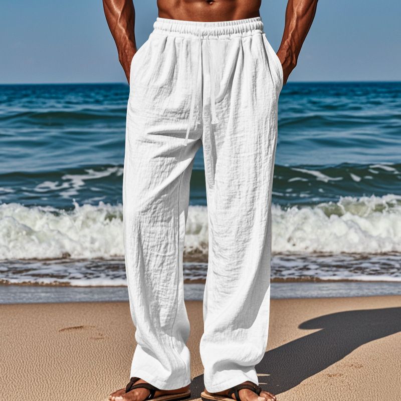 Neue Herrenhose aus Baumwolle und Leinen in Übergröße mit lockerer, einfarbiger, lässiger Schnürhose_voghion.com