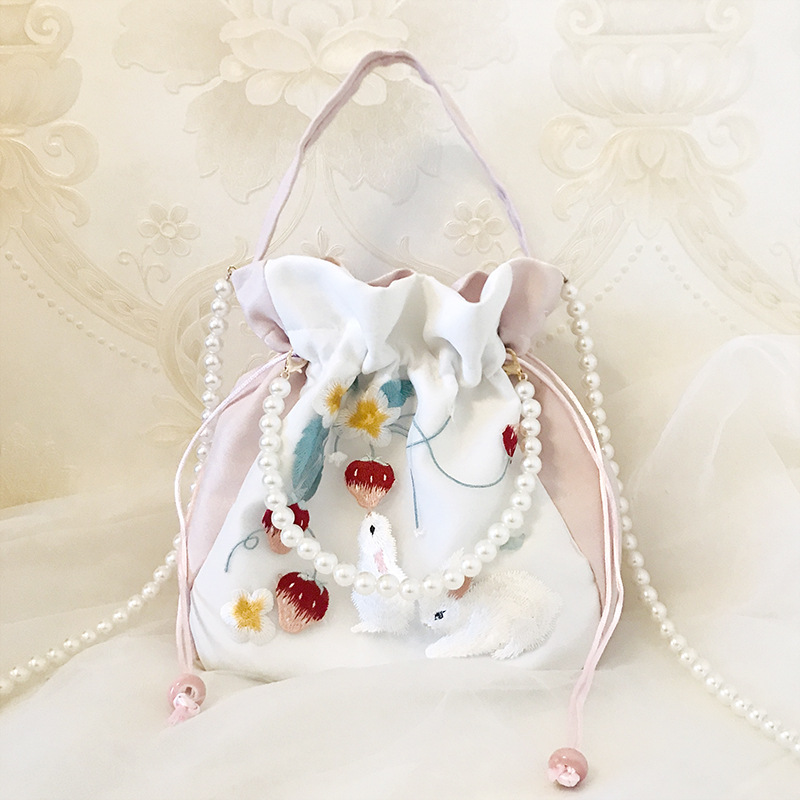 Fashionable Retro Lady Temperament Drawstring Embroidery Bag Fairy Pearl Tassel Handbag Crossbody Bag Glittering Ancient Style Purse for Women_voghion.com