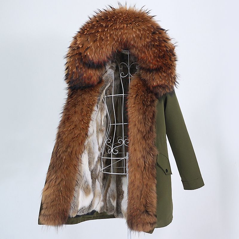 Damenbekleidung Abnehmbarer Innenmantel mit Fuchspelzkragen Mittellang Modischer warmer Kapuzenmantel_voghion.com
