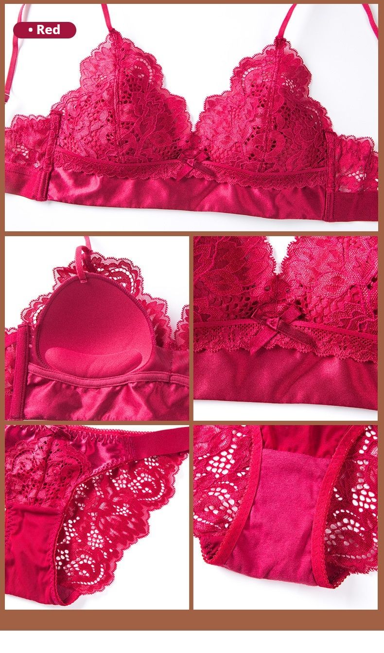 Französisches Damen-BH-Set mit sexy Spitze ohne Stahlring, dünne Baumwolle, Dreieck-Cup, schöner Rücken, große Brust, kleines BH-Set_voghion.com