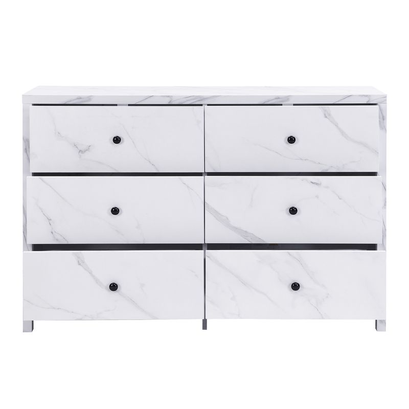 Credenza 120 cm Mit Marmor-Optik, 6 Schubladen, Schwarzem Holzgriff_voghion.com