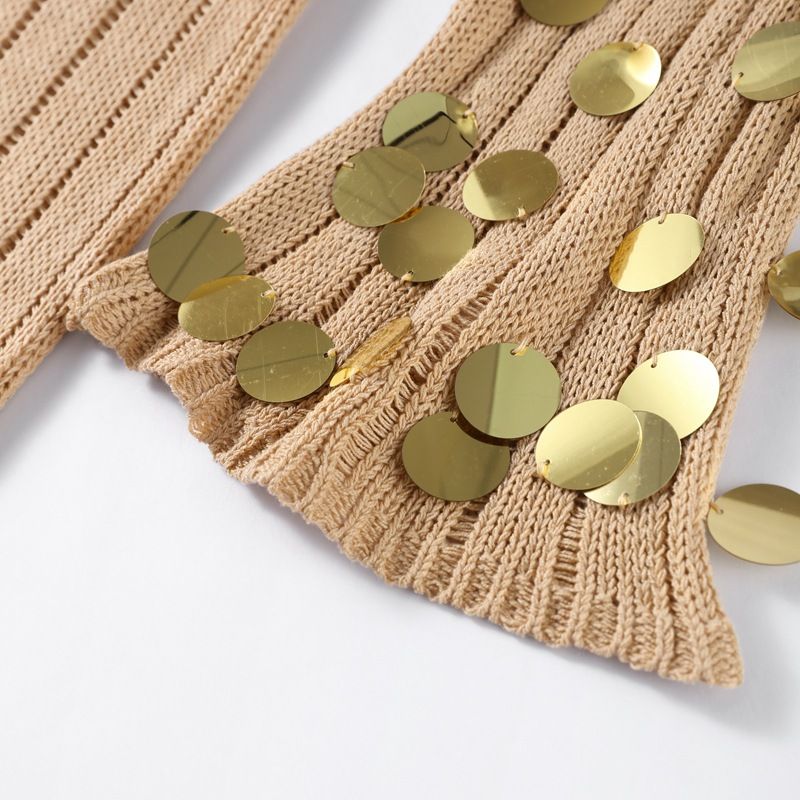 Gonna lunga in maglia con paillettes e cintura con scollo a V da donna, nuova primavera, stile da donna, abito con paillettes_voghion.com