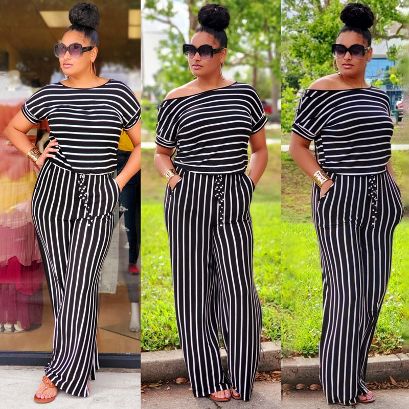 striped printed knitted stretch style women's plus size jumpsuit_voghion.com