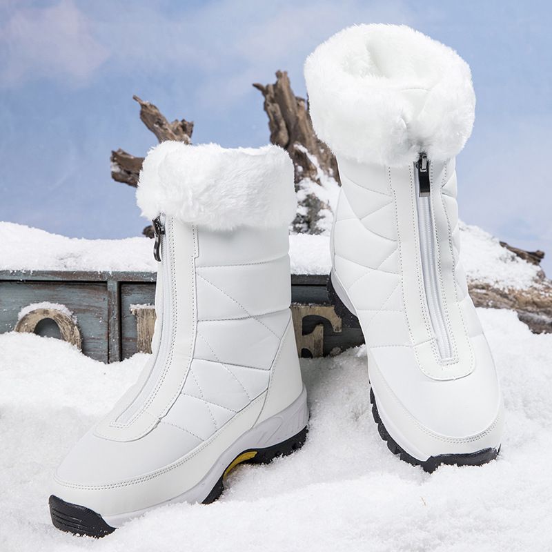 Dames sneeuwlaarzen met rits aan de voorkant en lange pluche voering, dikke warme winterlaarzen, waterdicht en slipvast, hoge katoenen laarzen_voghion.com