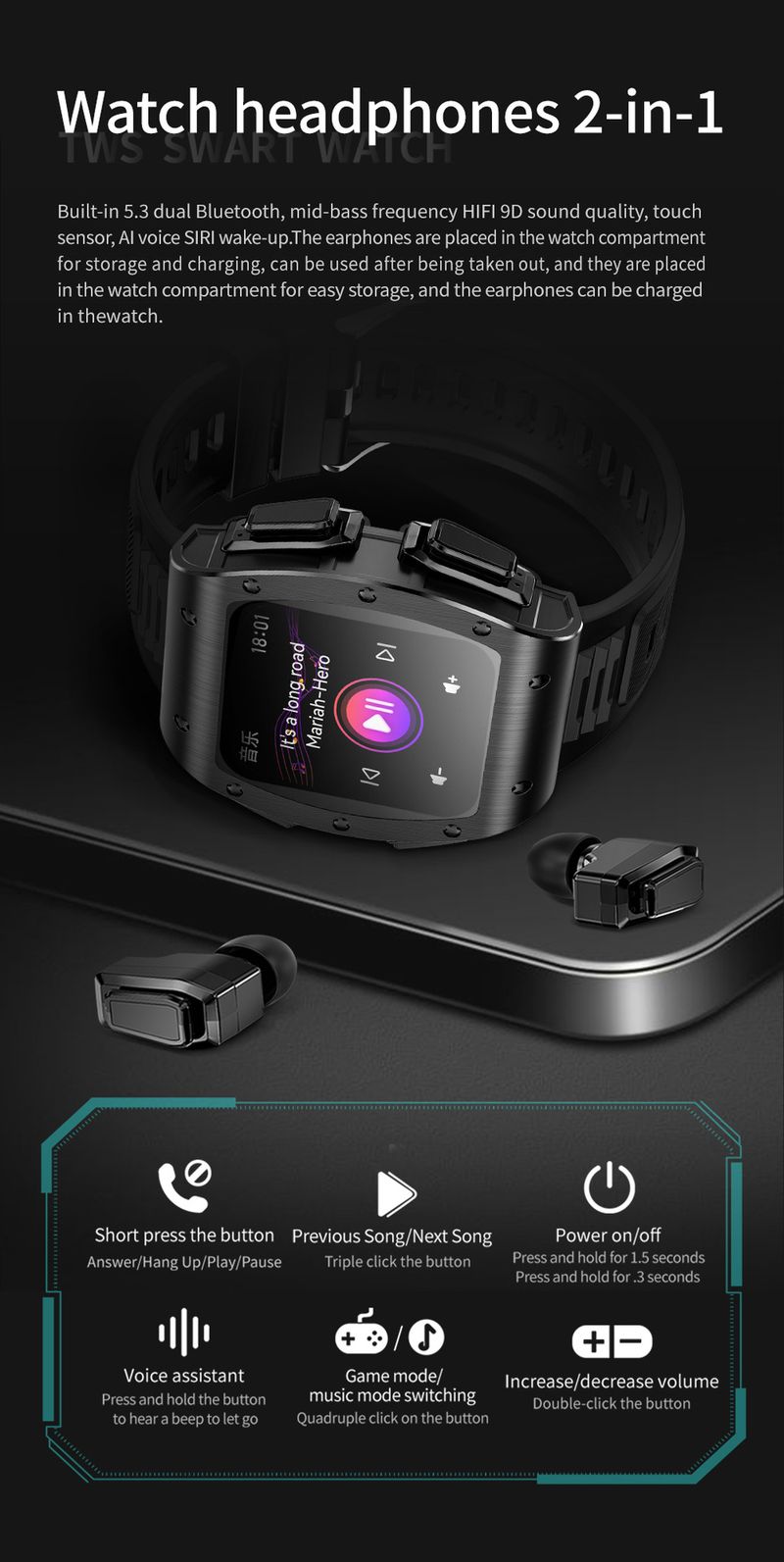 Ceas inteligent pentru produse electronice de larg Căști Bluetooth Ceas sportiv pentru afaceri, 2 într-unul, Ritmul cardiac Tensiune arterială Somn sănătos_voghion.com