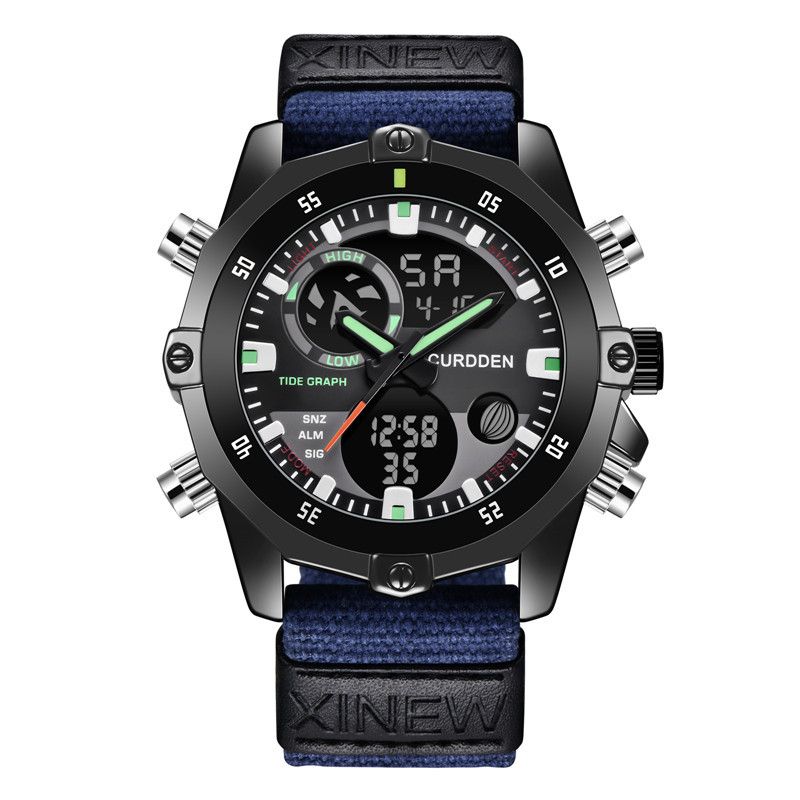 Herren-Sportuhr mit Nylonarmband – Doppelanzeige analog und digital, multifunktional mit Kalender, Alarm, GMT und Leuchtfunktion_voghion.com