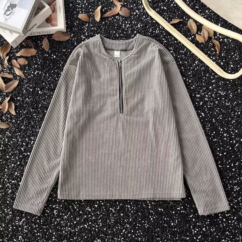 Rugged Half-Zip Corduroy Henley Shirt – Men's Textured Long Sleeve Tee (M-3XL, Breathable, Workwear-Inspired Layering Essential)_voghion.com