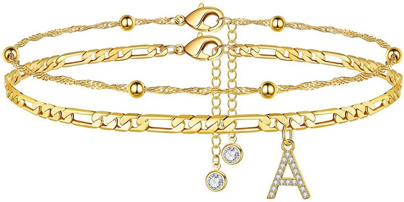 26 Zircon Alphabet Simple Fashion Rice Bead Cuban Double Layer Anklet_voghion.com