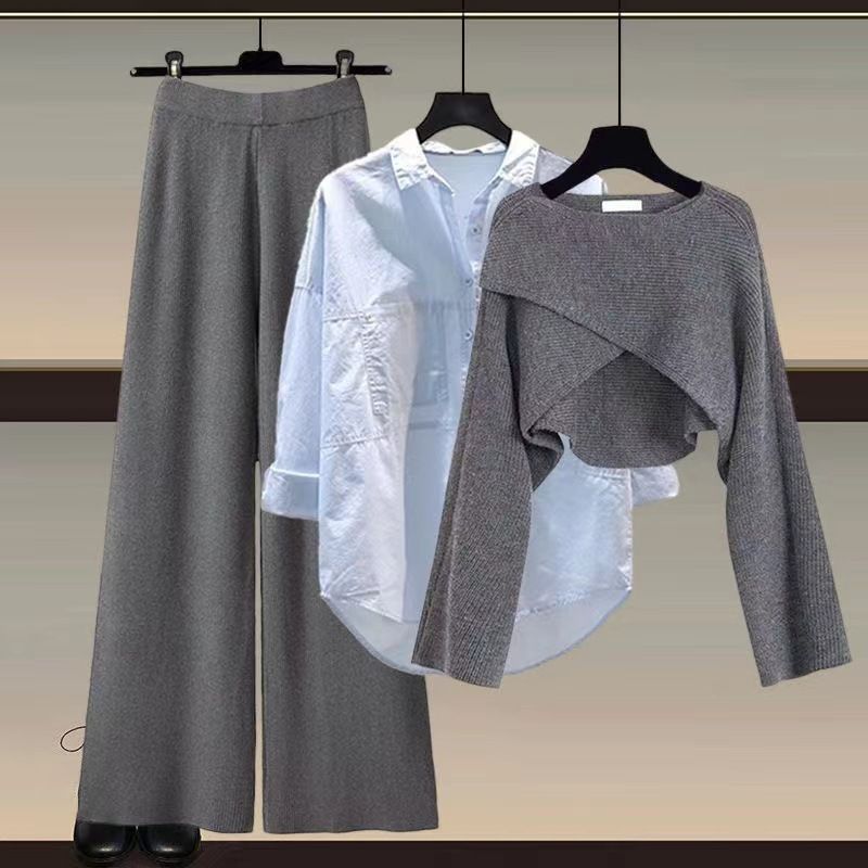 Roupas femininas Camisola de malha camisa perna larga calças três peças terno tamanho grande roupas femininas moda feminina slim_voghion.com