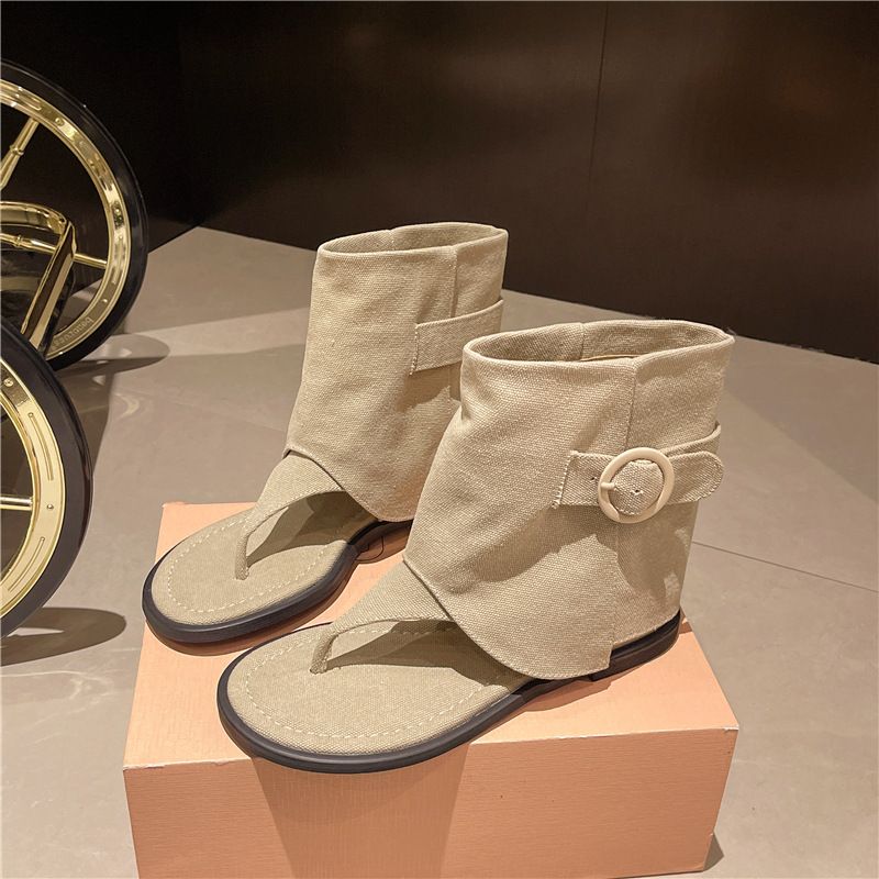 Canvas Lace-Up Sandals For Women, Summer 2025 New Flat Open-Toe Hollow Out Boots_voghion.com