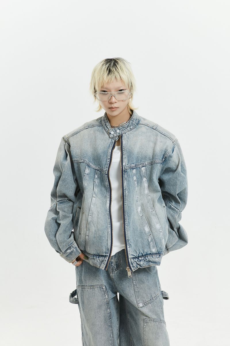 Giacca e pantaloni in denim lavato con schizzi di inchiostro, design hip-hop americano, primavera-autunno 2024, per donna_voghion.com