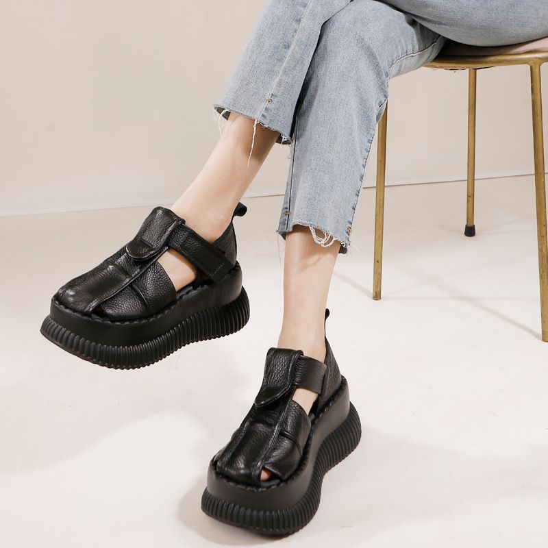 Casual Sandals Retro 2025 Spring And Summer New Round Head Leather Comfortable Thick Bottom Soft Shoes For_voghion.com