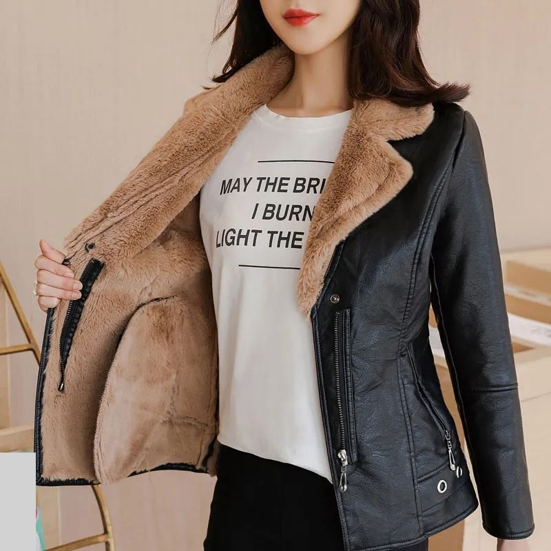 Damenbekleidung Herbst und Winter Damen Lederjacke Verdickte Plus Samt Warme Pelz- Und Lederkleidung Schlanke Kurze Damen Lederjacke_voghion.com