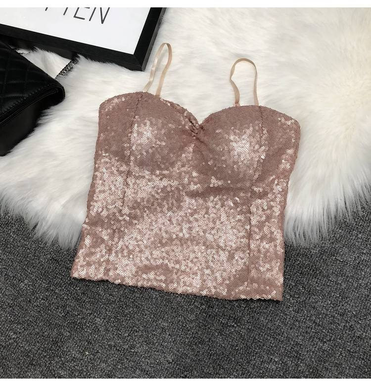Abbigliamento da donna Cintura sexy Reggiseno imbottito Capispalla Bretelle Paillettes Intimo Corto Top da night club_voghion.com