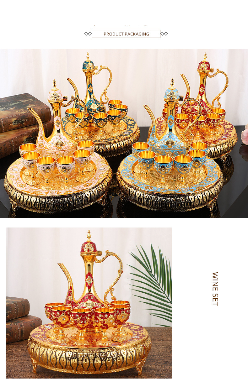 Wohnmöbel leichtes Luxus-Weinset im Palaststil, Heim-Desktop-Ornamente, Retro-Zinklegierung, exquisites Weinglas- und Weintopf-Set_voghion.com