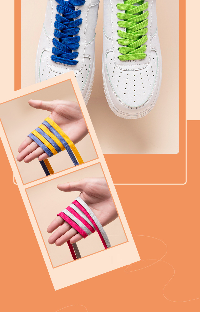 Skotillbehör platta skosnören lämpliga för höga och låga skor i läder, vita sneakers, svartvita färger, polyester-bomullsskosnören_voghion.com