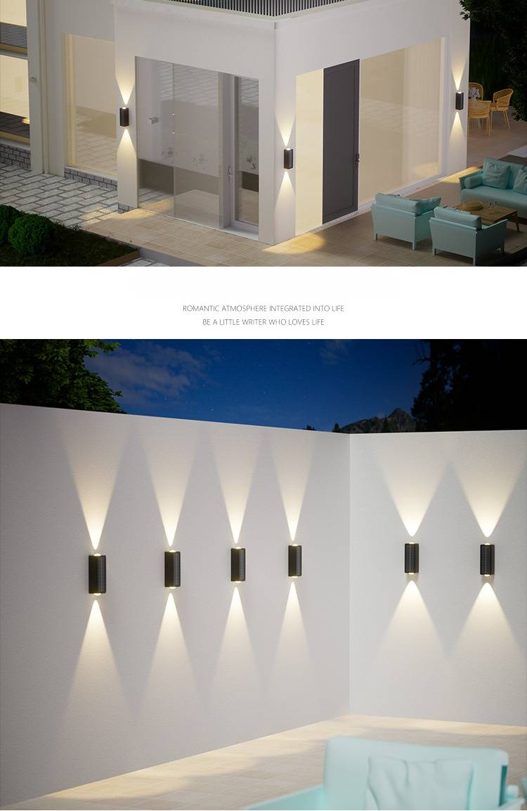 Luminárias de parede solares, holofotes de jardim à prova d'água para decoração de cercas de casas, lentes de plástico de 2 LEDs com luz quente e branca_voghion.com