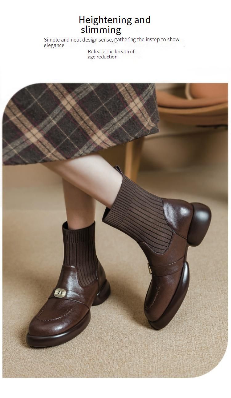 Cameido Women's Leather Short Boots With Elastic Knit Shaft Chunky Heel British Style Autumn Winter_voghion.com