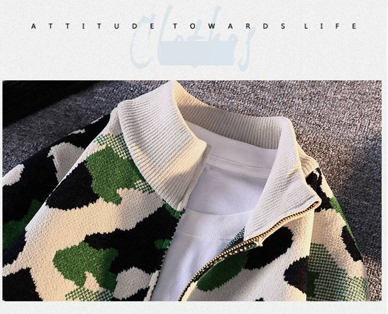 Men's Clothing Camouflage Knit Cardigan - Long Sleeve Casual Open Front Sweater With Stand Collar, Loose Fit, Warm & Breathable For Autumn & Winter_voghion.com