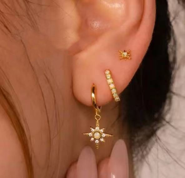 Niche Design Light Style Inlaid Zircon Eight Pointed Star High End Earrings Set_voghion.com