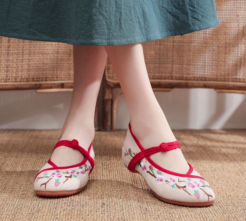 Scarpe da ballo quadrato in tessuto ricamato, con punta bassa, tacco basso, scarpe singole da donna primaverili e autunnali_voghion.com